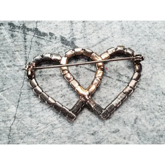 Silver Tone Rhinestone Double Heart Brooch Pin - Picture 2 of 2